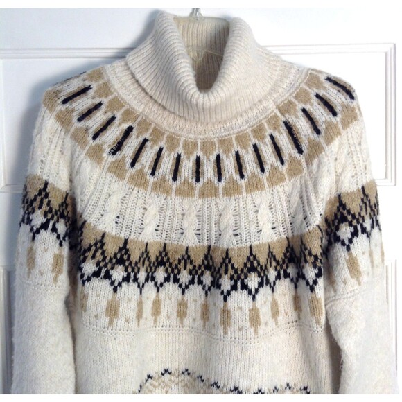 Old Navy Sweater Wn M Cream Tan Aztec Southwestern Cable Knit Turtleneck Chunky - Picture 2 of 8